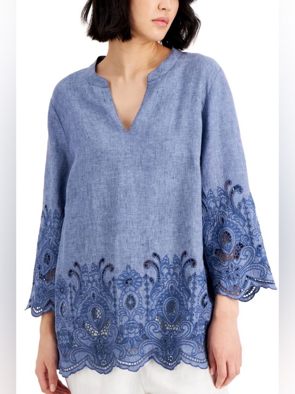 Charter Club 100% Linen Chambray Blue Embroidered Split-Neck Short Sleeve Top